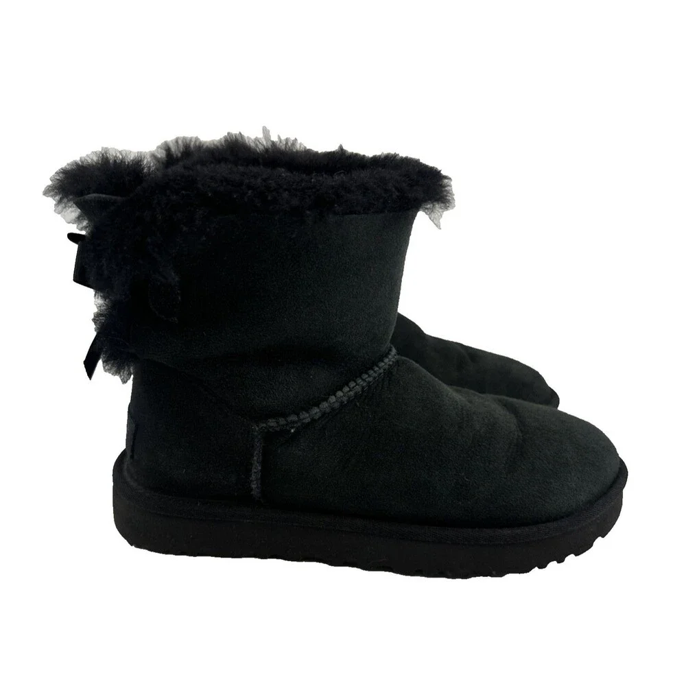 Ugg Mini Bailey Bow II Boot Ankle Black Suede Sheepskin Lined 1016501 Womens 6